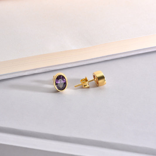 Oval Amethyst Bezel Stud Earrings in 14K Solid Gold, February Birthstone