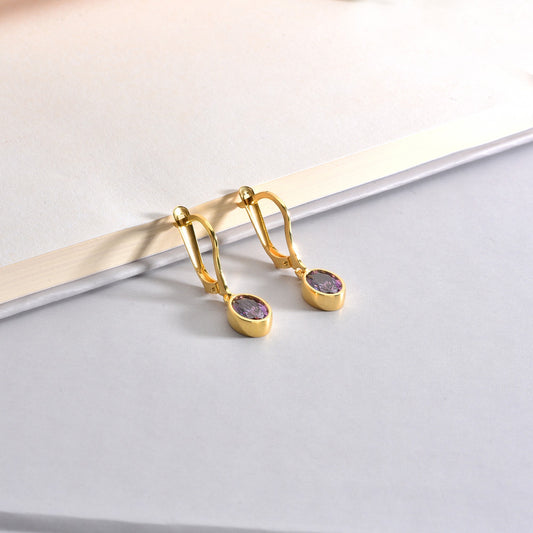 Oval Amethyst Bezel Dangle Earrings in 14K Solid Gold, February Birthstone