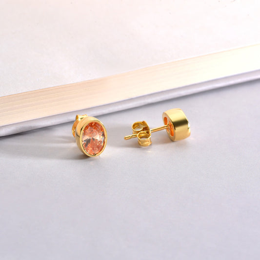 Oval Citrine Bezel Stud Earrings in 14K Solid Gold, November Birthstone