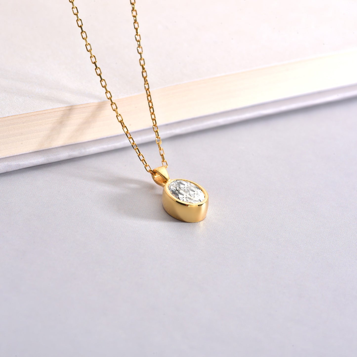 Oval White Topaz Bezel Necklace 14K Solid Gold, April Birthstone Charm Pendant