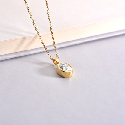 Oval White Topaz Bezel Necklace 14K Solid Gold, April Birthstone Charm Pendant