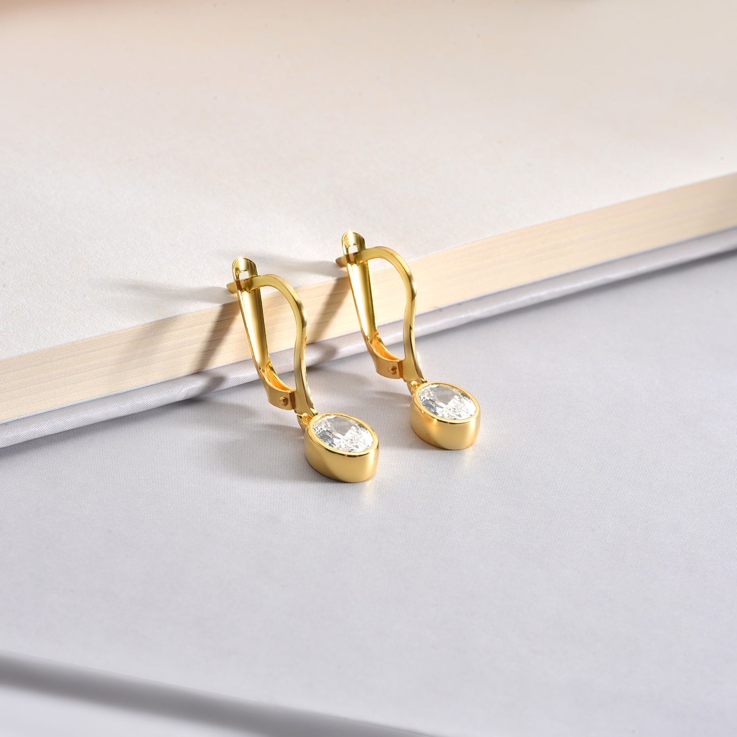 Oval White Topaz Bezel Dangle Earrings in 14K Solid Gold, April Birthstone