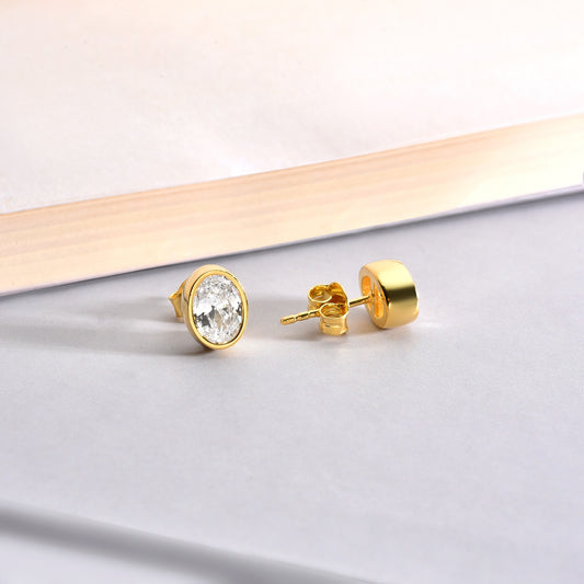 Oval White Topaz Bezel Stud Earrings in 14K Solid Gold, April Birthstone