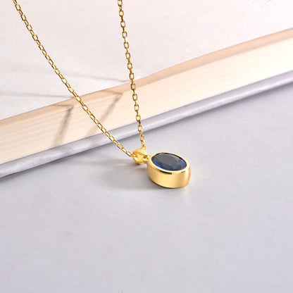 Oval Sapphire Bezel Necklace 14K Solid Gold, September Birthstone Charm Pendant