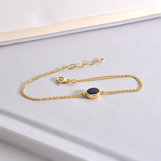 Oval Sapphire Bezel Bracelet in 14K Solid Gold, September Birthstone