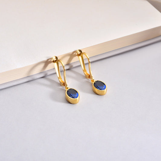 Oval Sapphire Bezel Dangle Earrings in 14K Solid Gold, September Birthstone