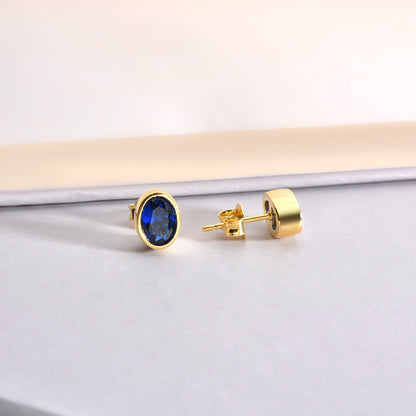 Oval Sapphire Bezel Stud Earrings in 14K Solid Gold, September Birthstone