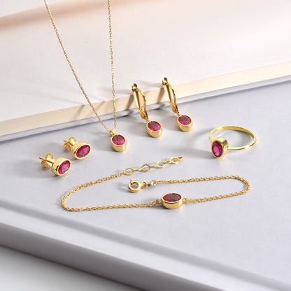 Oval Ruby Bezel Dangle Earrings in 14K Solid Gold, July Birthstone