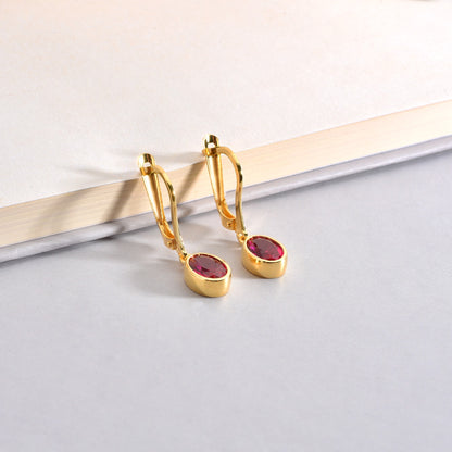 Oval Ruby Bezel Dangle Earrings in 14K Solid Gold, July Birthstone