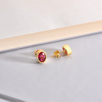 Oval Ruby Bezel Stud Earrings in 14K Solid Gold, July Birthstone