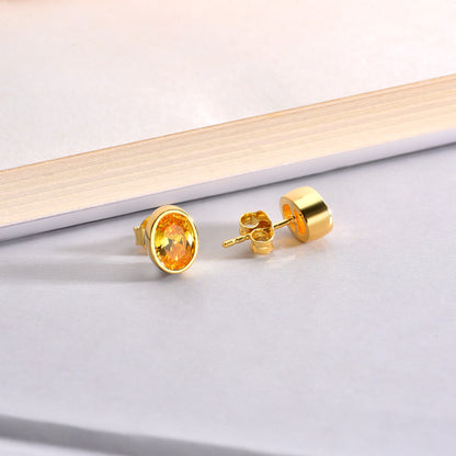 Oval Yellow Topaz Bezel Stud Earrings in 14K Solid Gold, Birthstone Jewelry