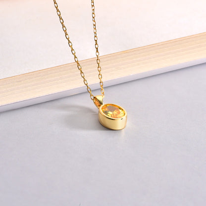 Oval Yellow Topaz Bezel Necklace 14K Solid Gold, Birthstone Charm Pendant