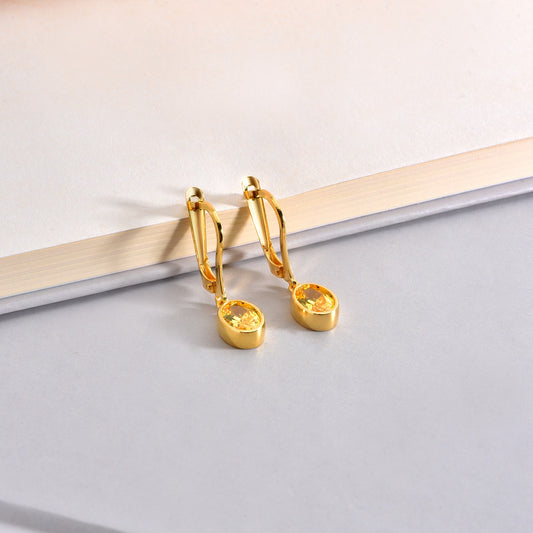 Oval Yellow Topaz Bezel Dangle Earrings in 14K Solid Gold, Birthstone Jewelry