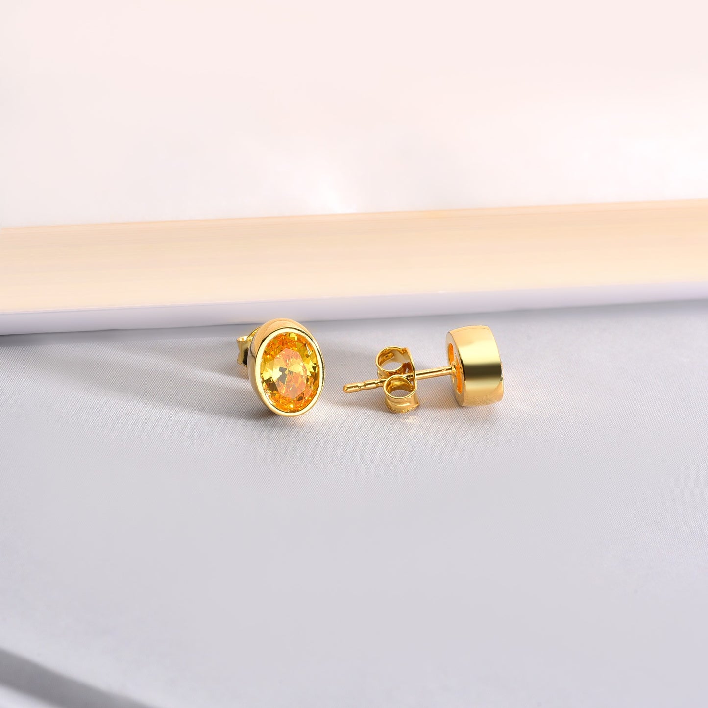 Oval Yellow Topaz Bezel Stud Earrings in 14K Solid Gold, Birthstone Jewelry