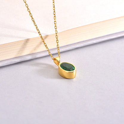 Oval Emerald Bezel Necklace 14K Solid Gold, May Birthstone Charm Pendant