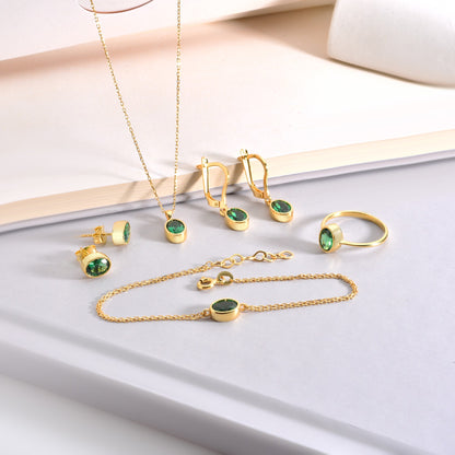 Oval Emerald Bezel Dangle Earrings in 14K Solid Gold, May Birthstone