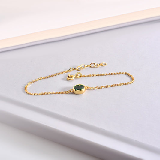 Oval Emerald Bezel Bracelet in 14K Solid Gold, May Birthstone