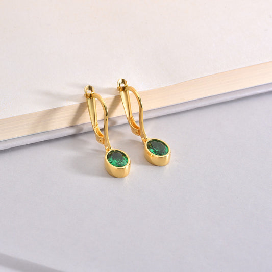 Oval Emerald Bezel Dangle Earrings in 14K Solid Gold, May Birthstone