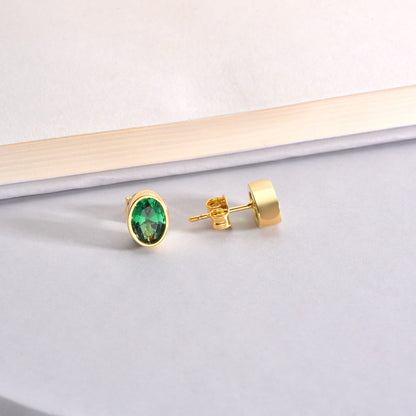 Oval Emerald Bezel Stud Earrings in 14K Solid Gold, May Birthstone