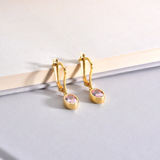 Oval Pink Tourmaline Bezel Dangle Earrings in 14K Solid Gold, October Birthstone