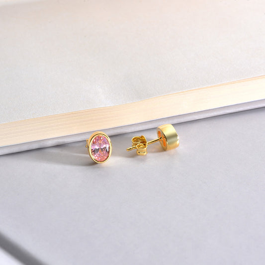 Oval Pink Tourmaline Bezel Stud Earrings in 14K Solid Gold, October Birthstone