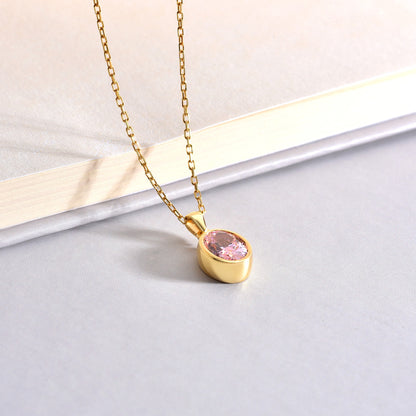 Oval Pink Tourmaline Bezel Necklace 14K Solid Gold, October Birthstone Charm Pendant