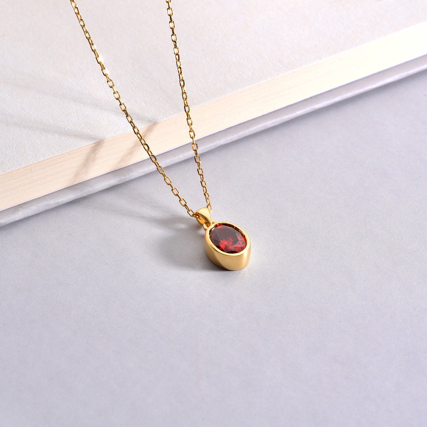 Oval Garnet Bezel Necklace 14K Solid Gold, January Birthstone Charm Pendant