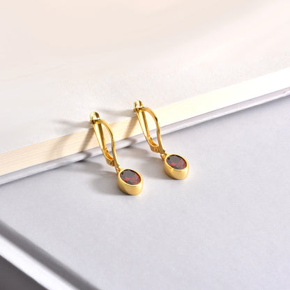 Oval Garnet Bezel Dangle Earrings in 14K Solid Gold, January Birthstone