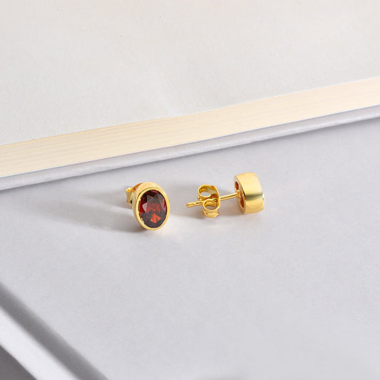 Oval Garnet Bezel Stud Earrings in 14K Solid Gold, January Birthstone