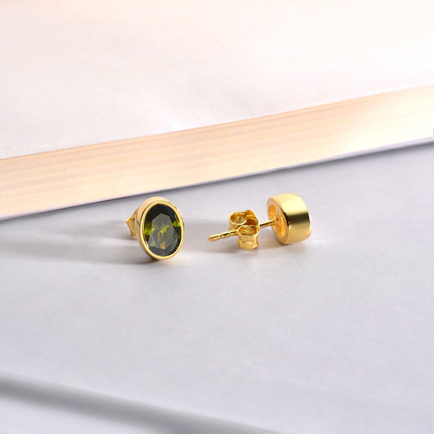 Oval Peridot Bezel Stud Earrings in 14K Solid Gold, August Birthstone