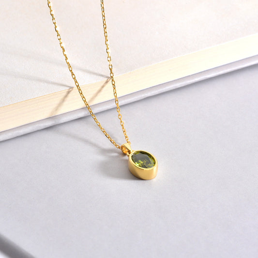 Oval Peridot Bezel Necklace 14K Solid Gold, August Birthstone Charm Pendant