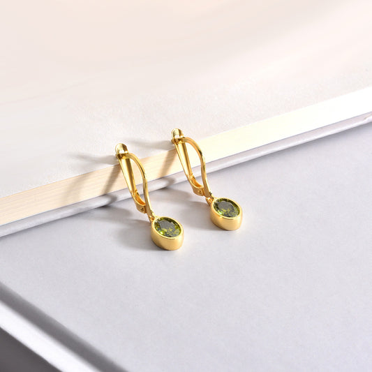 Oval Peridot Bezel Dangle Earrings in 14K Solid Gold, August Birthstone