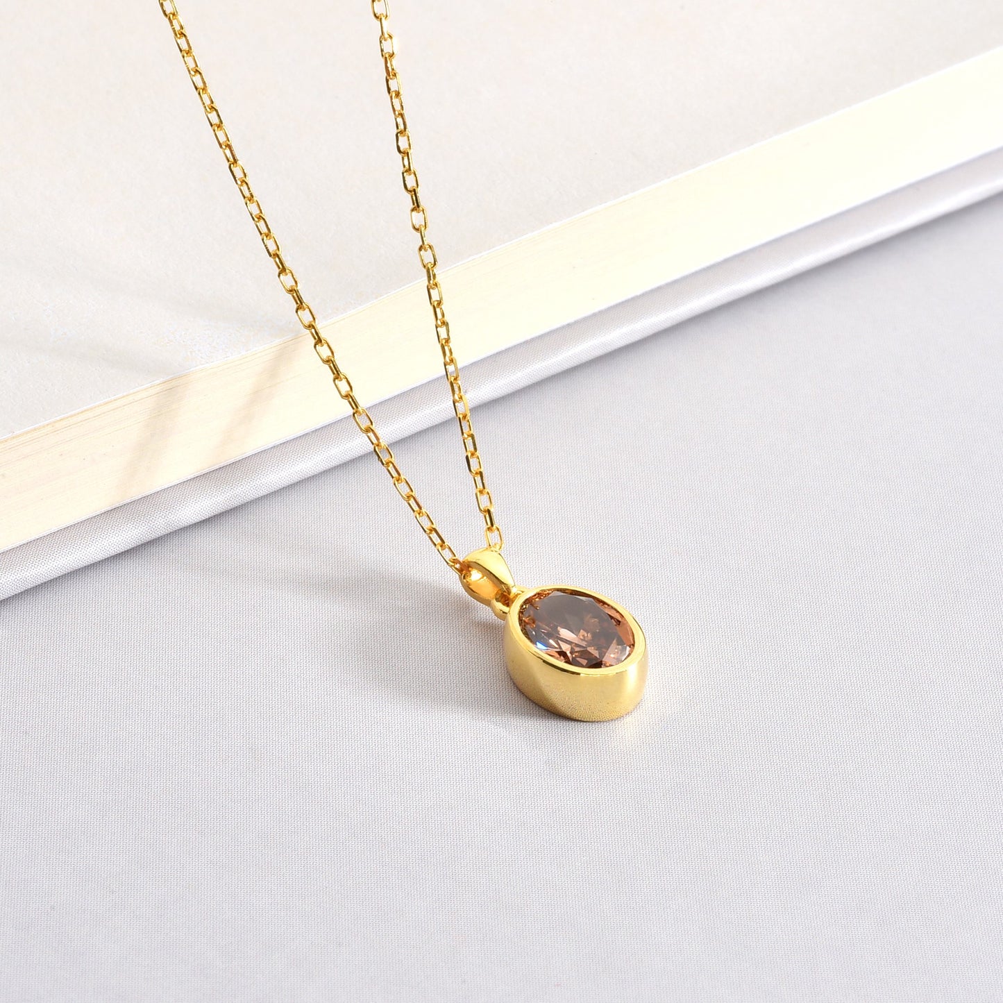 Oval Smoky Quartz Bezel Necklace 14K Solid Gold, Birthstone Charm Pendant