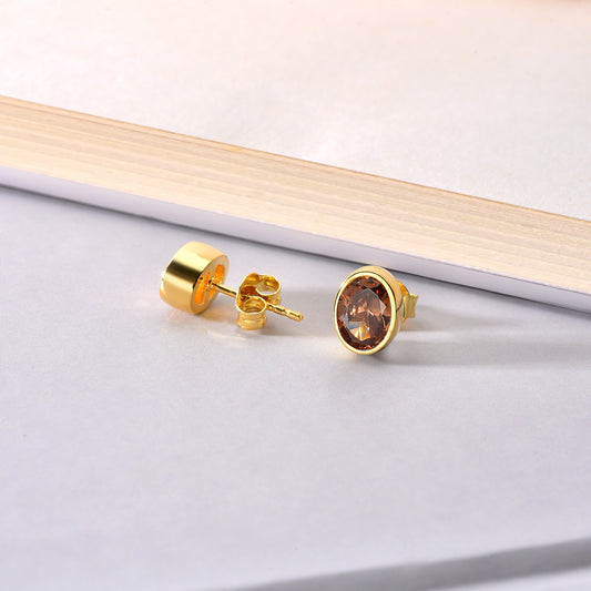 Oval Smoky Quartz Bezel Stud Earrings in 14K Solid Gold, Birthstone Jewelry