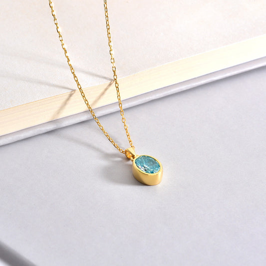 Oval Aquamarine Bezel Necklace 14K Solid Gold, March Birthstone Charm Pendant