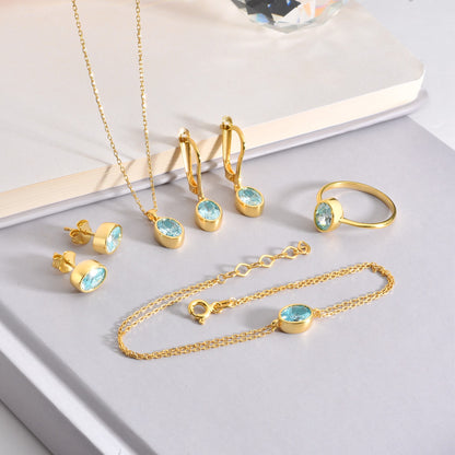 Oval Aquamarine Bezel Bracelet in 14K Solid Gold, March Birthstone