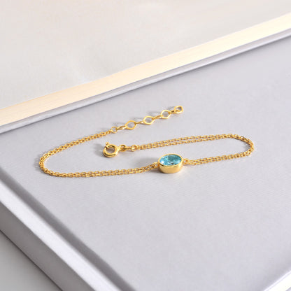 Oval Aquamarine Bezel Bracelet in 14K Solid Gold, March Birthstone