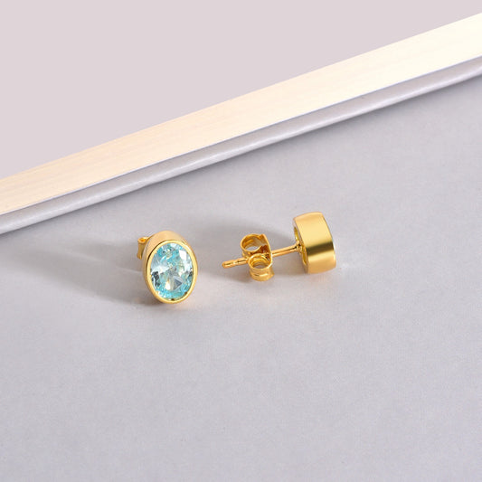 Oval Aquamarine Bezel Stud Earrings in 14K Solid Gold, March Birthstone