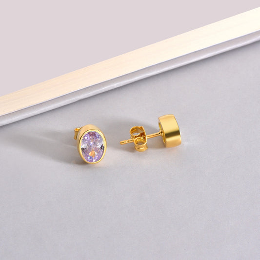 Oval Alexandrite Bezel Stud Earrings in 14K Solid Gold, June Birthstone