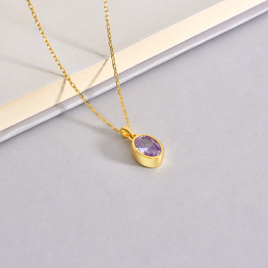 Oval Alexandrite Bezel Necklace 14K Solid Gold, June Birthstone Charm Pendant