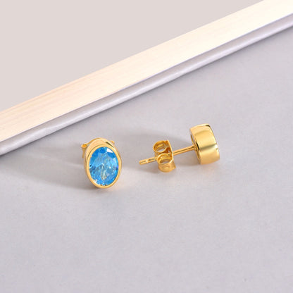 Oval Blue Topaz Bezel Stud Earrings in 14K Solid Gold, December Birthstone