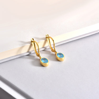 Oval Blue Topaz Bezel Dangle Earrings in 14K Solid Gold, December Birthstone