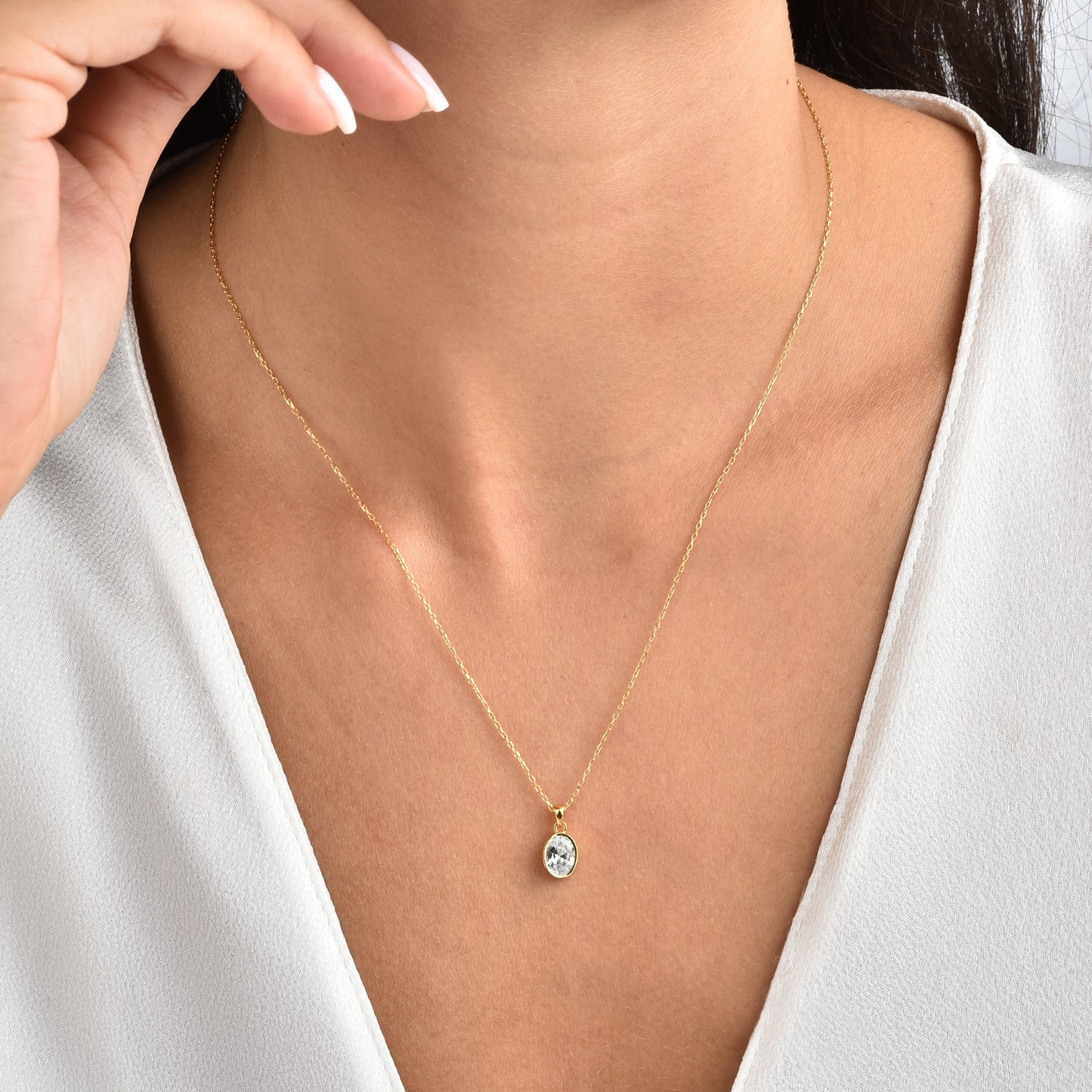 Oval White Topaz Bezel Necklace 14K Solid Gold, April Birthstone Charm Pendant