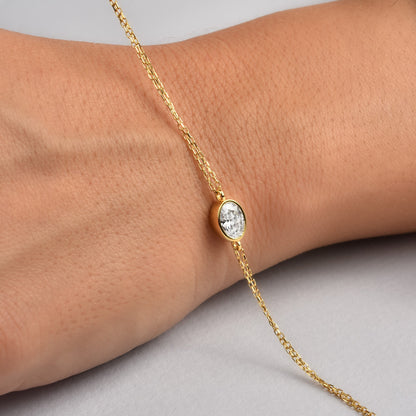 Oval White Topaz Bezel Bracelet in 14K Solid Gold, April Birthstone