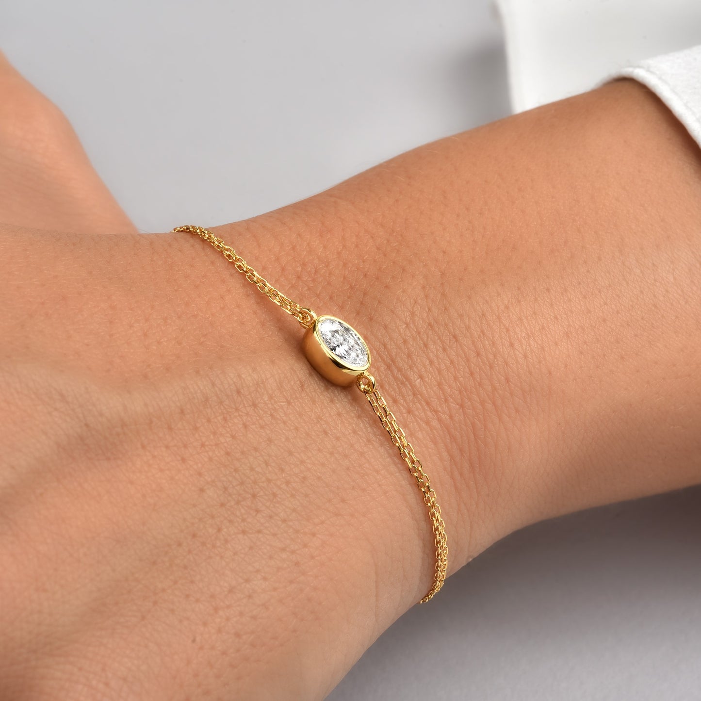 Oval White Topaz Bezel Bracelet in 14K Solid Gold, April Birthstone