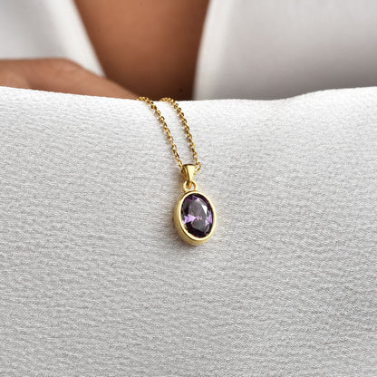 Oval Amethyst Bezel Necklace 14K Solid Gold, February Birthstone Charm Pendant