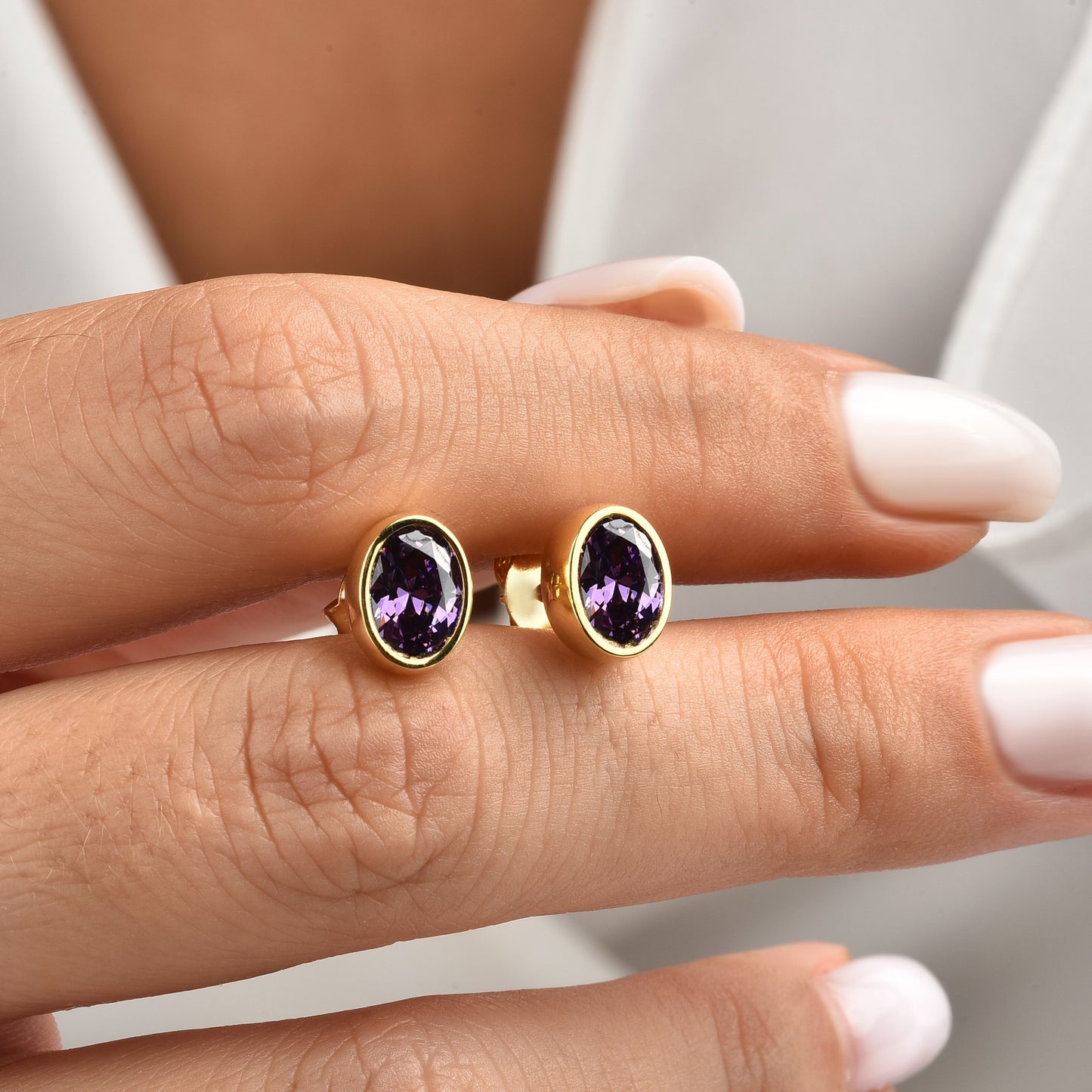 Oval Amethyst Bezel Stud Earrings in 14K Solid Gold, February Birthstone