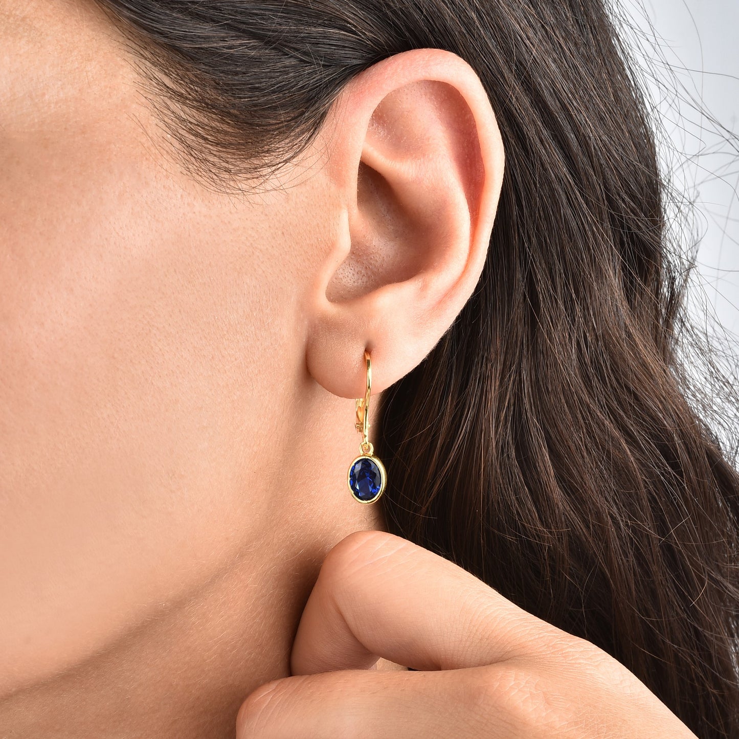 Oval Sapphire Bezel Dangle Earrings in 14K Solid Gold, September Birthstone