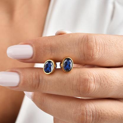 Oval Sapphire Bezel Stud Earrings in 14K Solid Gold, September Birthstone