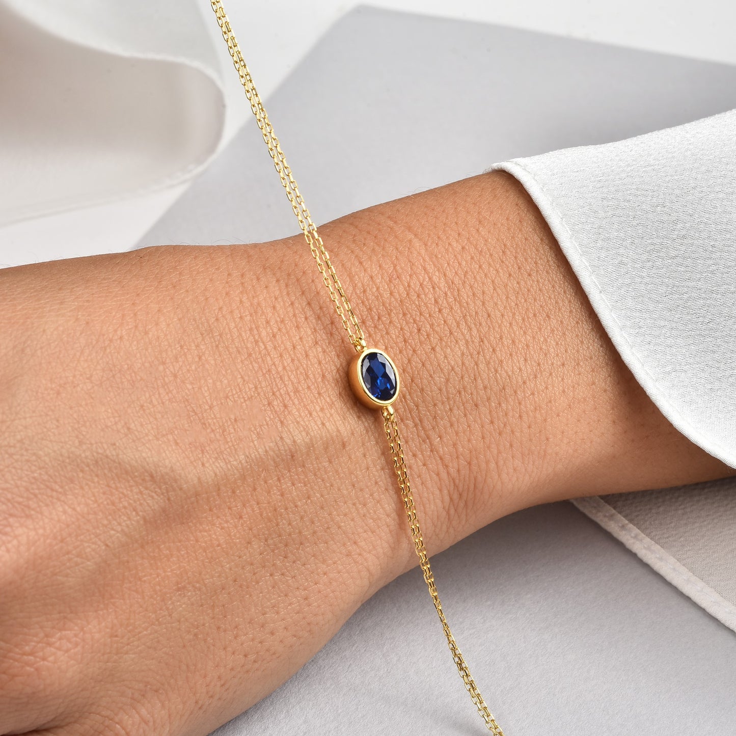 Oval Sapphire Bezel Bracelet in 14K Solid Gold, September Birthstone